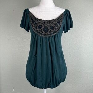Soprano Blouse Women Size S Green Boho Tunic Top Metallic Braid Flutter Sleeve